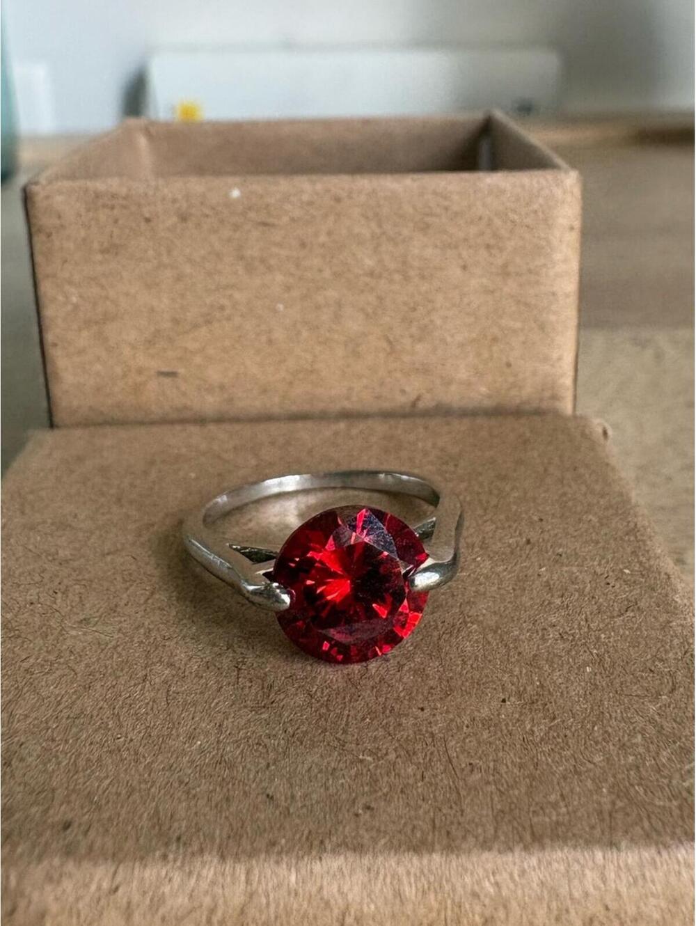 Silver Ring with Red Round Gemstone - Size 5